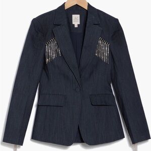 Cinq A Sept Sasha Rhinestone Fringe Denim Indigo One Button Blazer